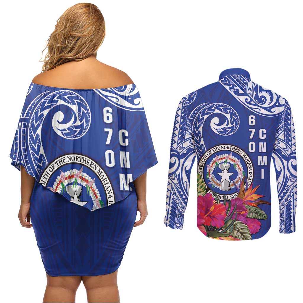 Hafa Adai Northern Mariana Islands Couples Matching Off Shoulder Short Dress and Long Sleeve Button Shirt Polynesian Tribal Pattern