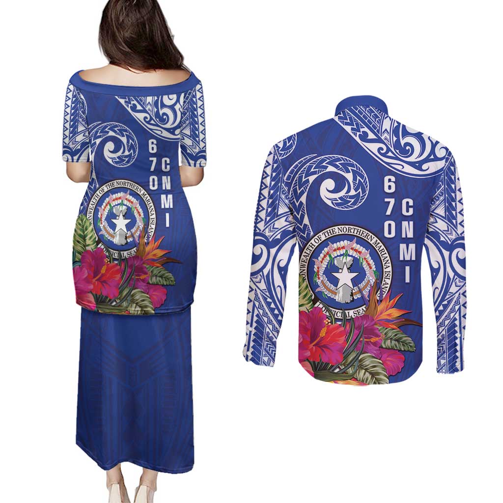 Hafa Adai Northern Mariana Islands Couples Matching Puletasi and Long Sleeve Button Shirt Polynesian Tribal Pattern