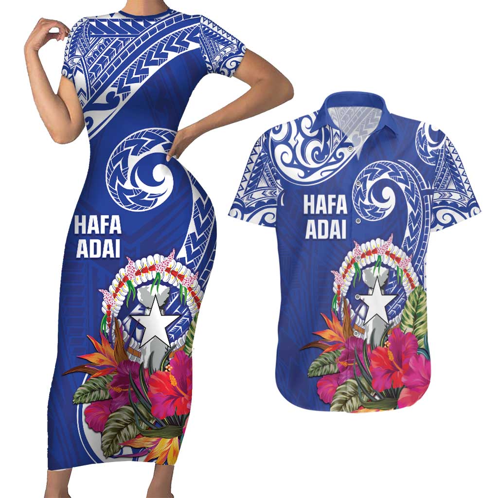 Hafa Adai Northern Mariana Islands Couples Matching Short Sleeve Bodycon Dress and Hawaiian Shirt Polynesian Tribal Pattern