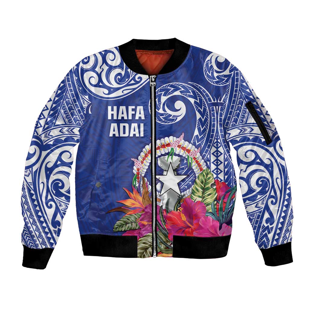 Hafa Adai Northern Mariana Islands Sleeve Zip Bomber Jacket Polynesian Tribal Pattern