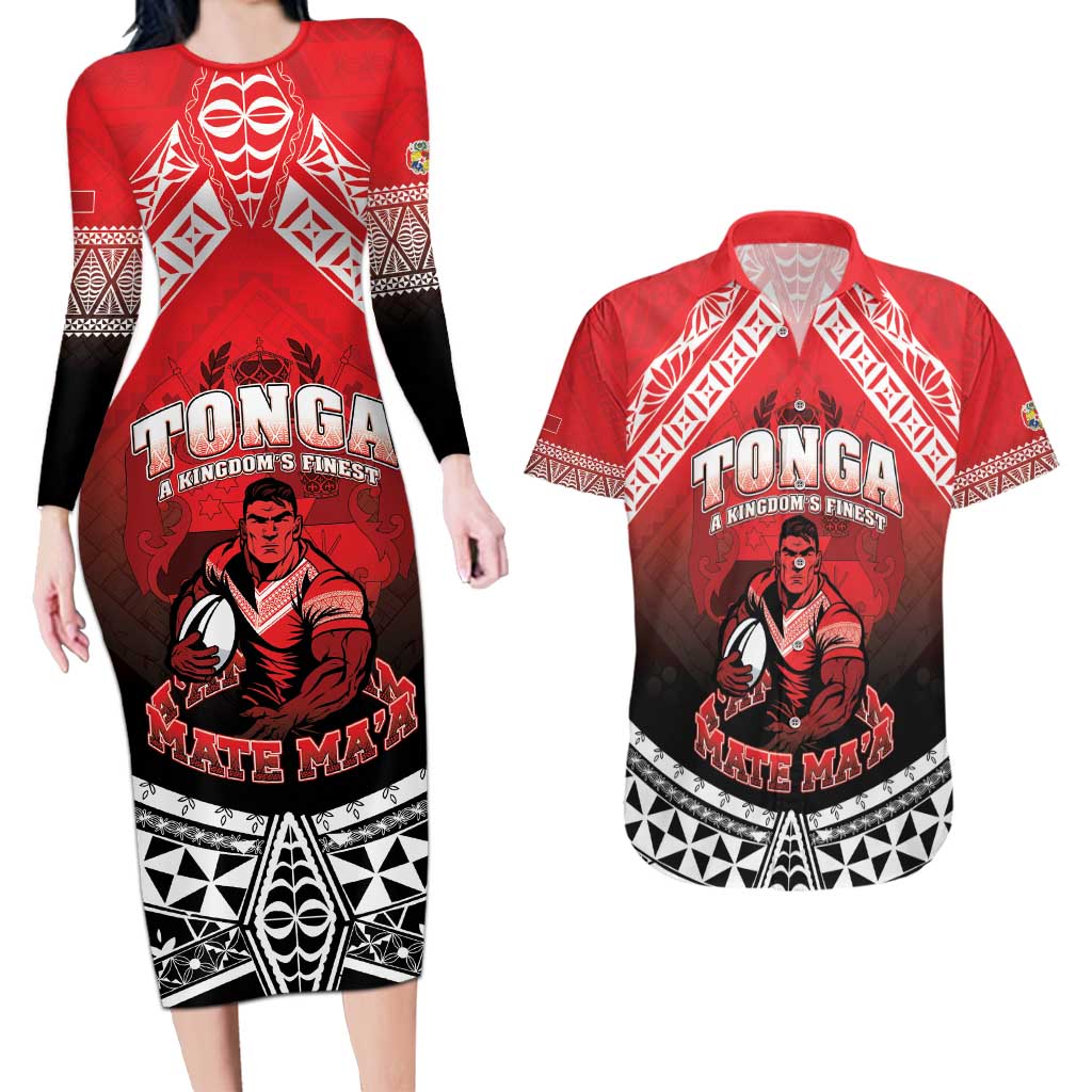 Custom Rugby Tonga MMT Couples Matching Long Sleeve Bodycon Dress and Hawaiian Shirt Mana O Tonga - Polynesian Pride