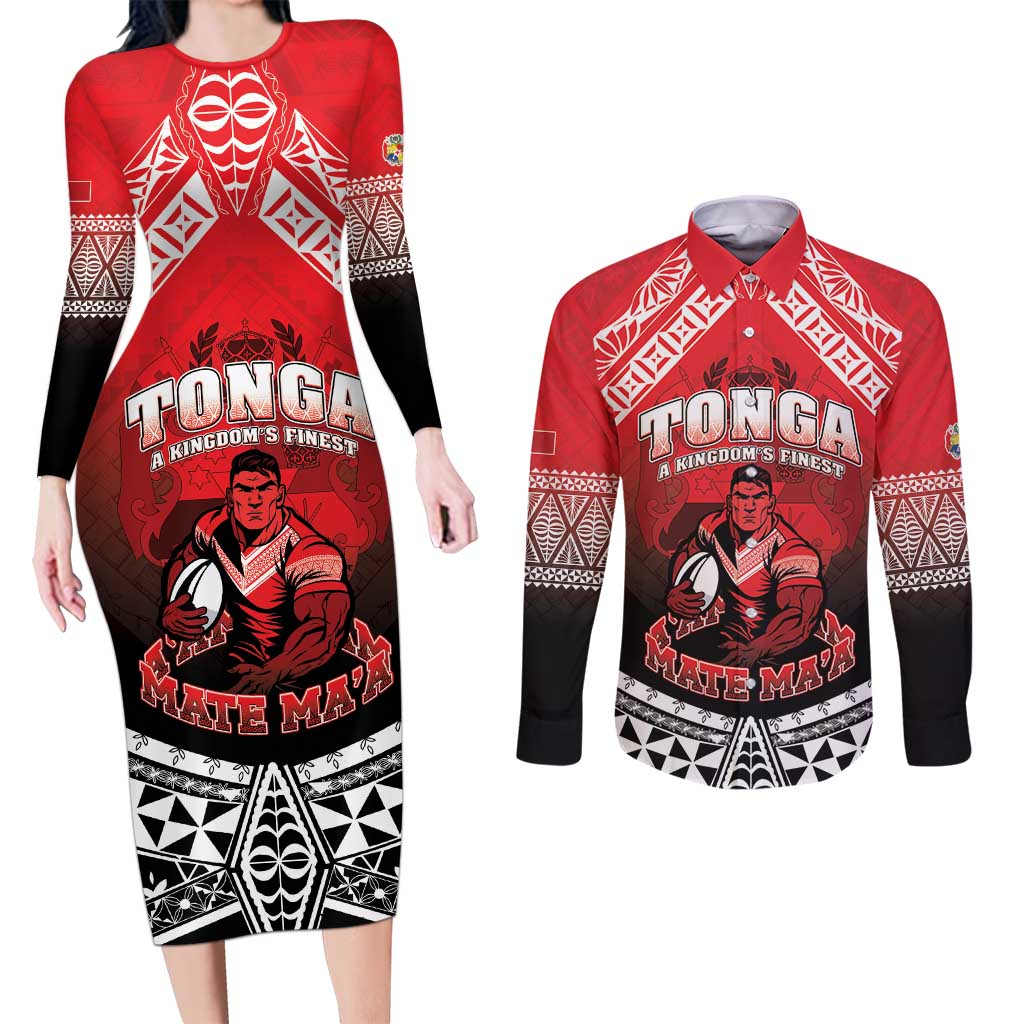 Custom Rugby Tonga MMT Couples Matching Long Sleeve Bodycon Dress and Long Sleeve Button Shirt Mana O Tonga - Polynesian Pride