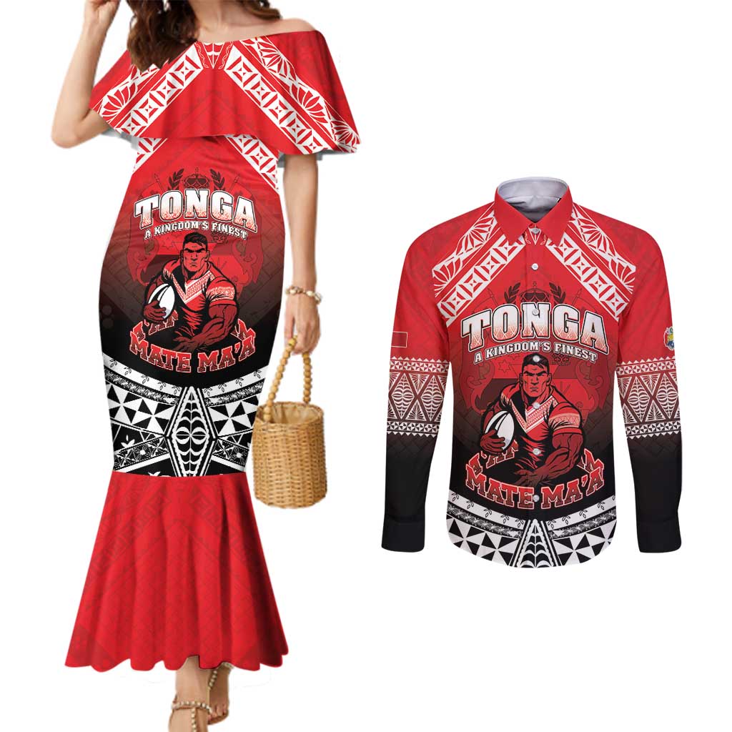 Custom Rugby Tonga MMT Couples Matching Mermaid Dress and Long Sleeve Button Shirt Mana O Tonga - Polynesian Pride