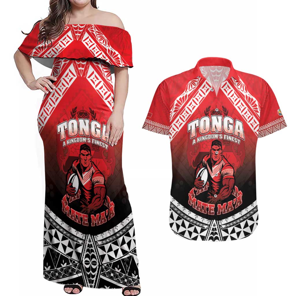 Custom Rugby Tonga MMT Couples Matching Off Shoulder Maxi Dress and Hawaiian Shirt Mana O Tonga - Polynesian Pride