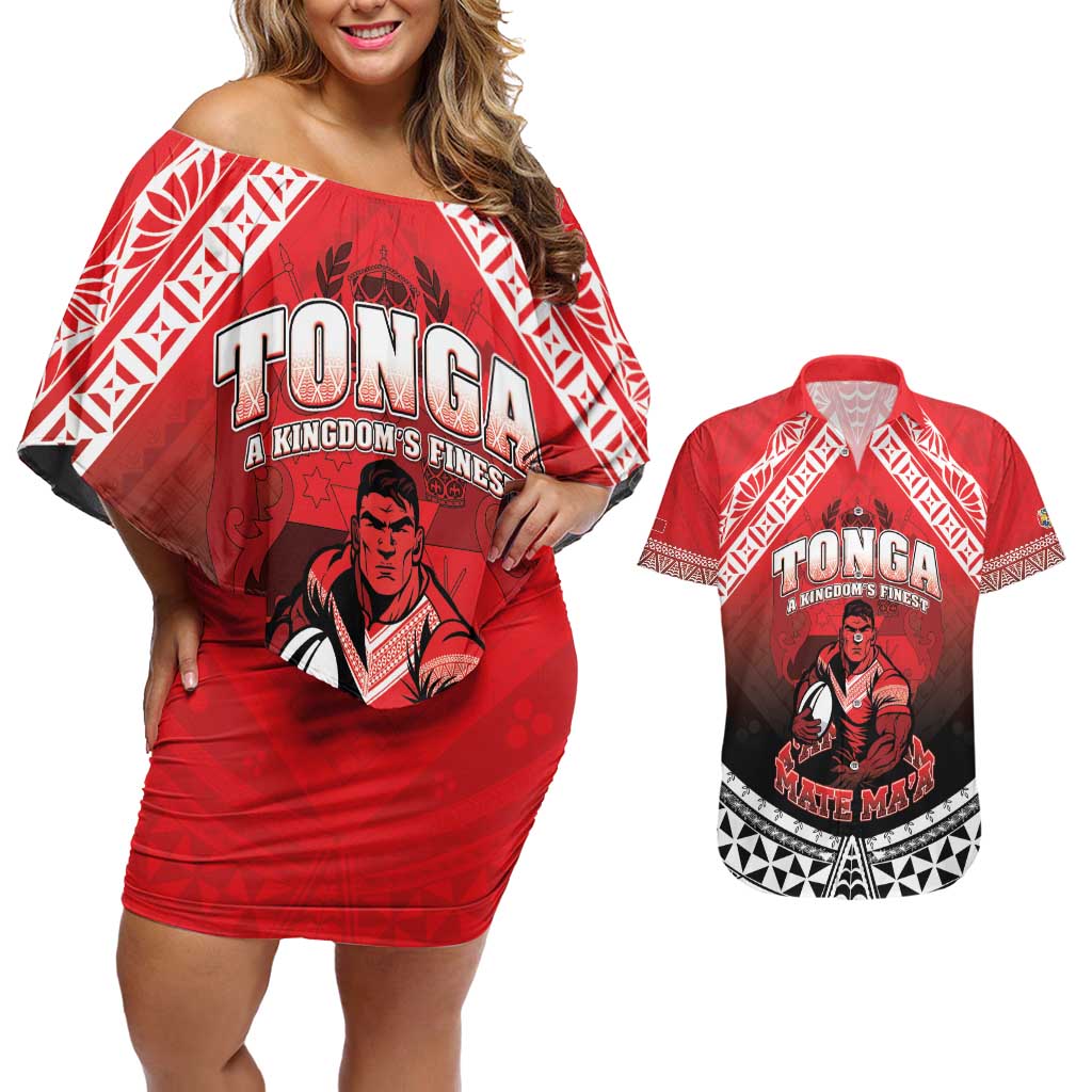 Custom Rugby Tonga MMT Couples Matching Off Shoulder Short Dress and Hawaiian Shirt Mana O Tonga - Polynesian Pride