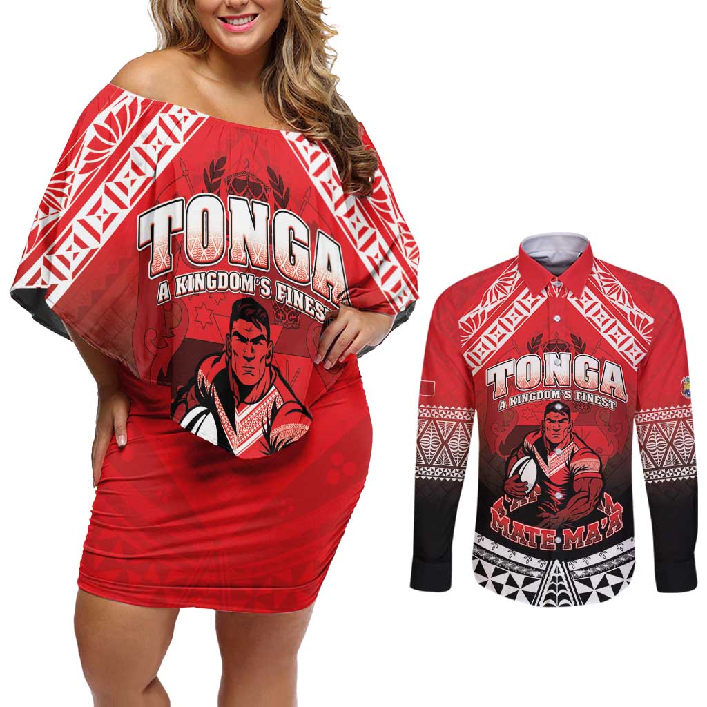 Custom Rugby Tonga MMT Couples Matching Off Shoulder Short Dress and Long Sleeve Button Shirt Mana O Tonga - Polynesian Pride