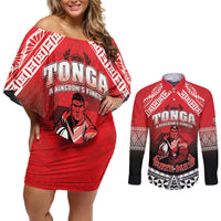 Custom Rugby Tonga MMT Couples Matching Off Shoulder Short Dress and Long Sleeve Button Shirt Mana O Tonga - Polynesian Pride