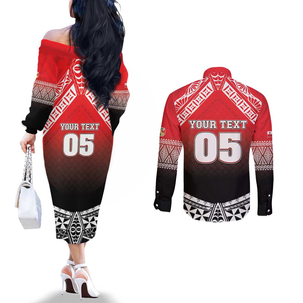 Custom Rugby Tonga MMT Couples Matching Off The Shoulder Long Sleeve Dress and Long Sleeve Button Shirt Mana O Tonga - Polynesian Pride