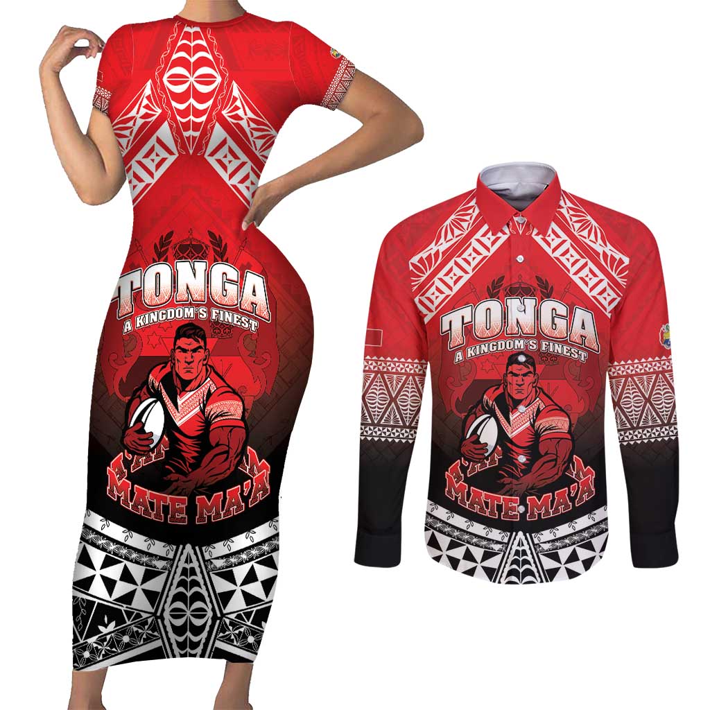 Custom Rugby Tonga MMT Couples Matching Short Sleeve Bodycon Dress and Long Sleeve Button Shirt Mana O Tonga - Polynesian Pride