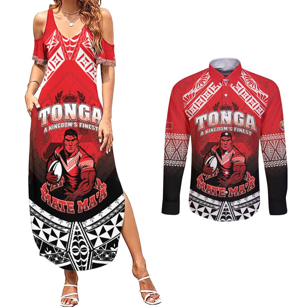 Custom Rugby Tonga MMT Couples Matching Summer Maxi Dress and Long Sleeve Button Shirt Mana O Tonga - Polynesian Pride