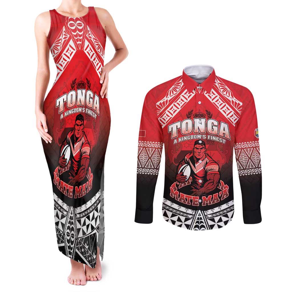 Custom Rugby Tonga MMT Couples Matching Tank Maxi Dress and Long Sleeve Button Shirt Mana O Tonga - Polynesian Pride
