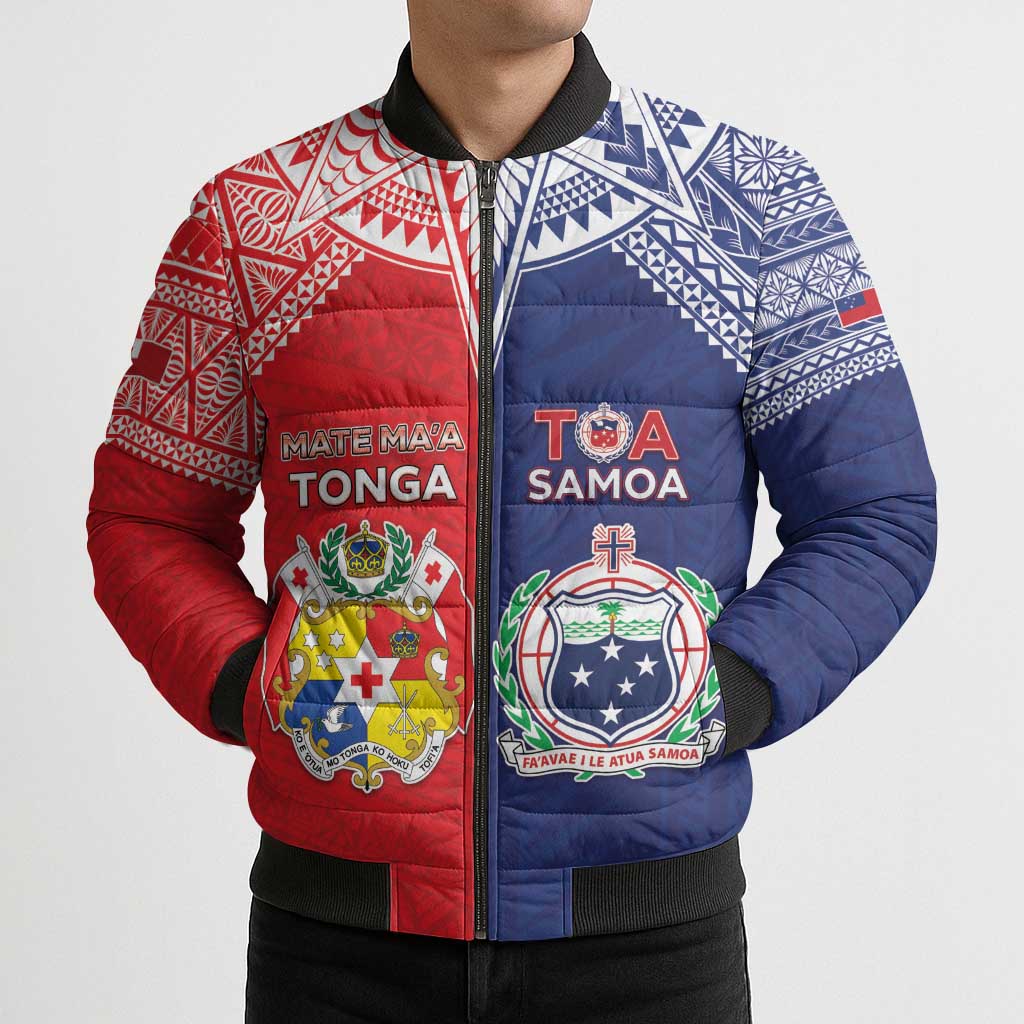 Custom Rugby Samoa And Tonga Bomber Puffer Jacket Toa Samoa With Mate Maa - Polynesian Pride
