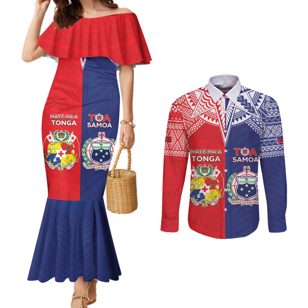 Custom Rugby Samoa And Tonga Couples Matching Mermaid Dress and Long Sleeve Button Shirt Toa Samoa With Mate Maa - Polynesian Pride