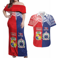 Custom Rugby Samoa And Tonga Couples Matching Off Shoulder Maxi Dress and Hawaiian Shirt Toa Samoa With Mate Maa - Polynesian Pride