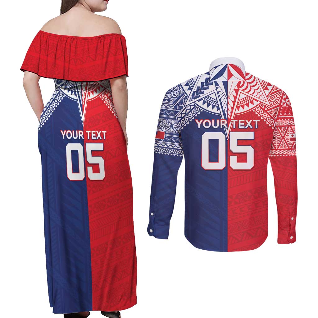 Custom Rugby Samoa And Tonga Couples Matching Off Shoulder Maxi Dress and Long Sleeve Button Shirt Toa Samoa With Mate Maa - Polynesian Pride