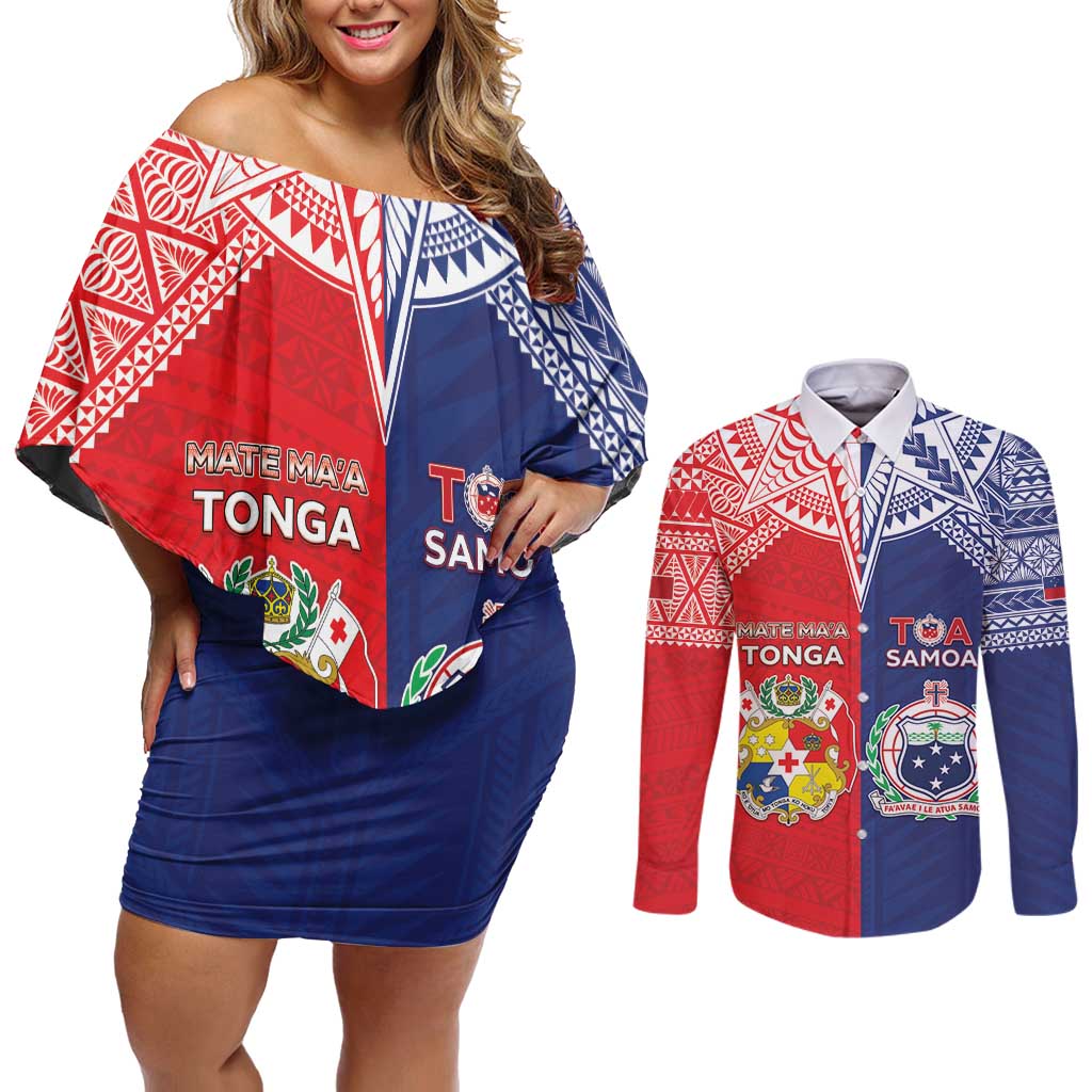 Custom Rugby Samoa And Tonga Couples Matching Off Shoulder Short Dress and Long Sleeve Button Shirt Toa Samoa With Mate Maa - Polynesian Pride
