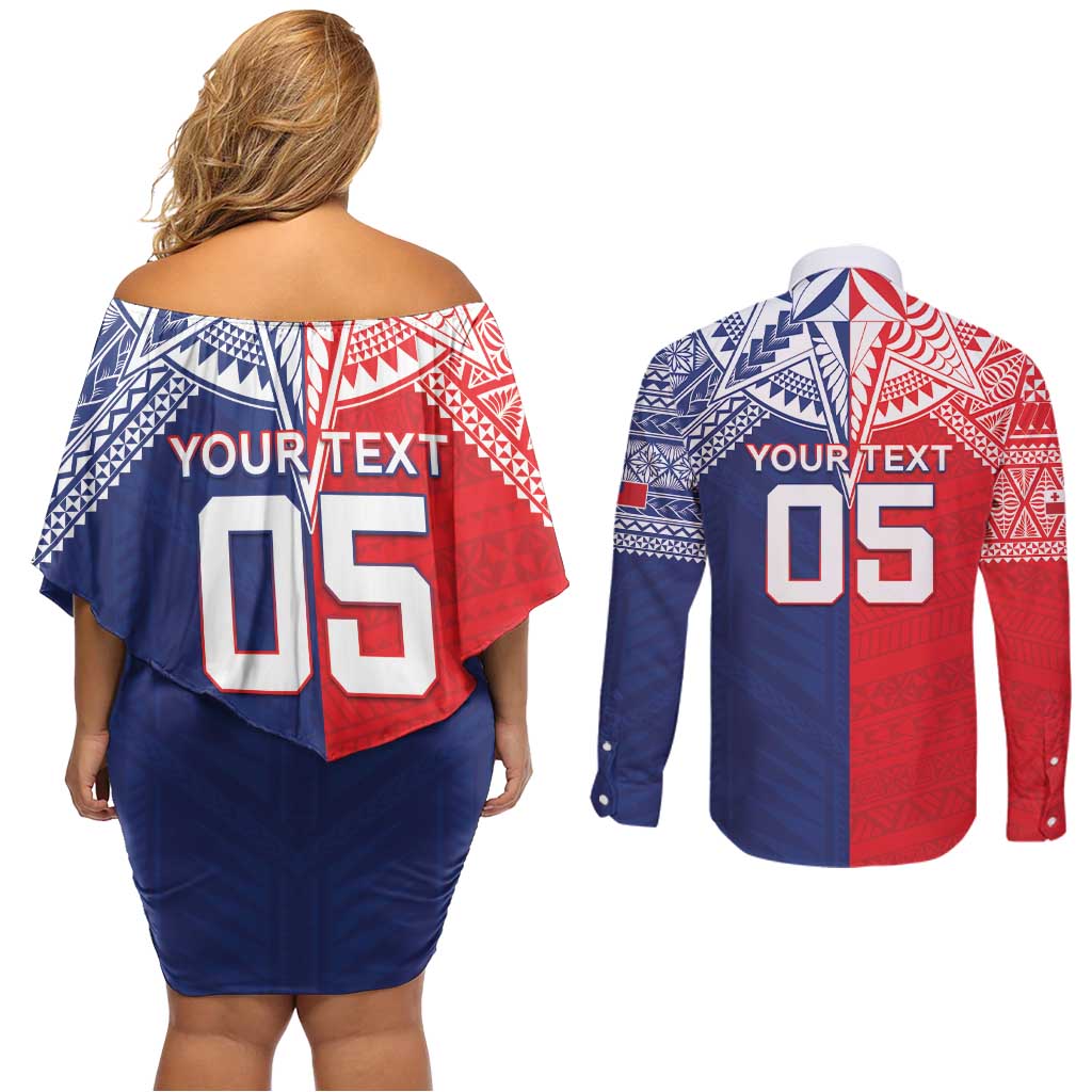 Custom Rugby Samoa And Tonga Couples Matching Off Shoulder Short Dress and Long Sleeve Button Shirt Toa Samoa With Mate Maa - Polynesian Pride