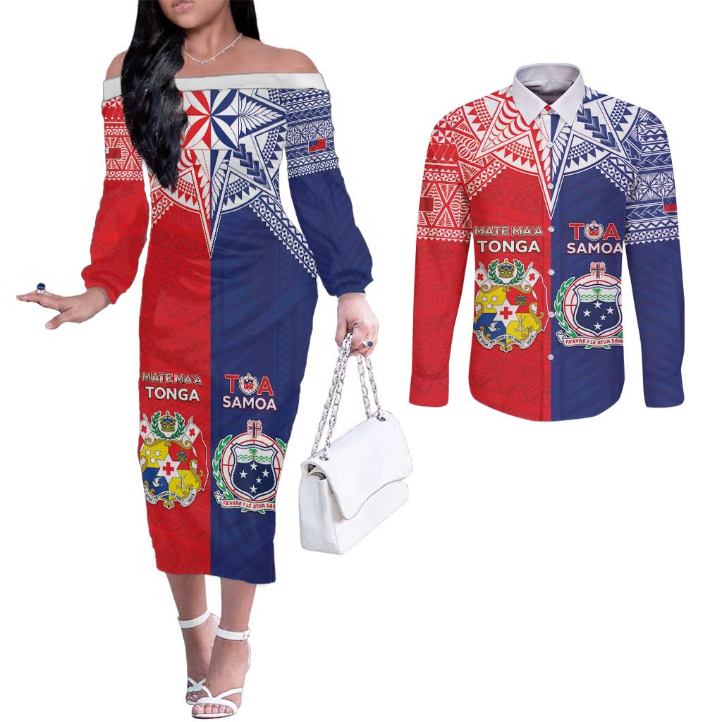 Custom Rugby Samoa And Tonga Couples Matching Off The Shoulder Long Sleeve Dress and Long Sleeve Button Shirt Toa Samoa With Mate Maa - Polynesian Pride