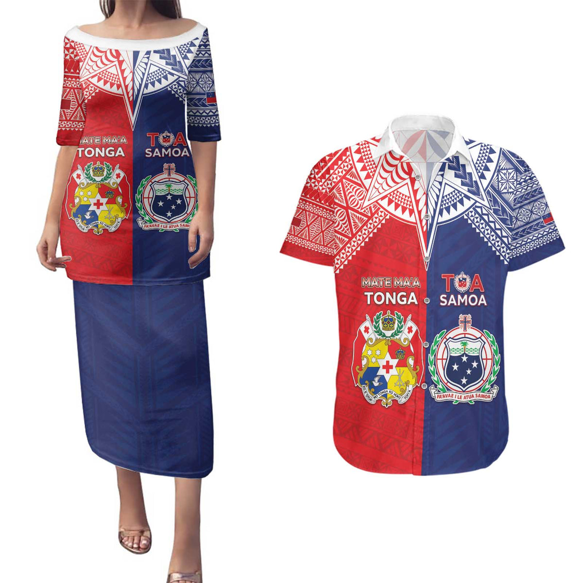 Custom Rugby Samoa And Tonga Couples Matching Puletasi and Hawaiian Shirt Toa Samoa With Mate Maa - Polynesian Pride