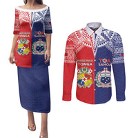 Custom Rugby Samoa And Tonga Couples Matching Puletasi and Long Sleeve Button Shirt Toa Samoa With Mate Maa - Polynesian Pride