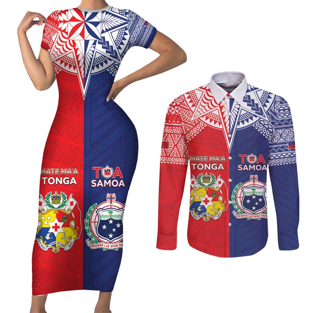 Custom Rugby Samoa And Tonga Couples Matching Short Sleeve Bodycon Dress and Long Sleeve Button Shirt Toa Samoa With Mate Maa - Polynesian Pride