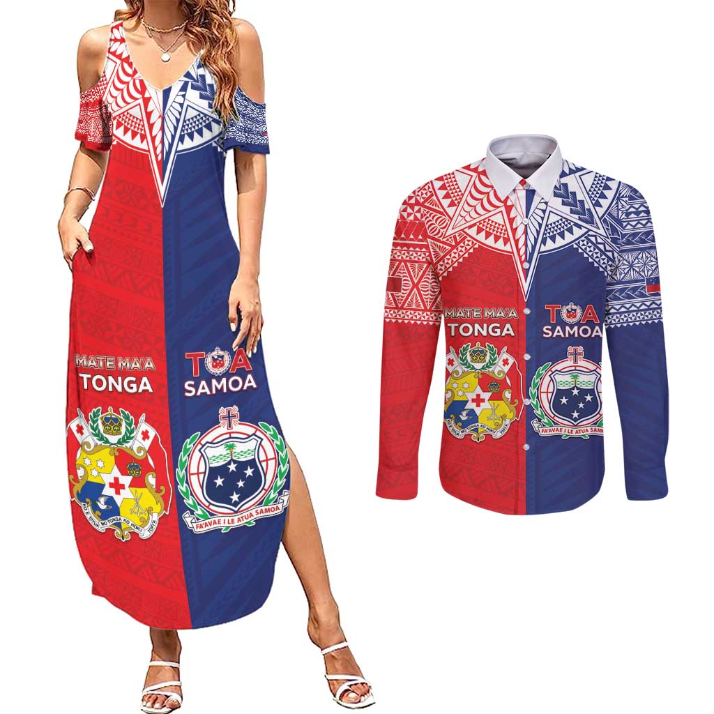 Custom Rugby Samoa And Tonga Couples Matching Summer Maxi Dress and Long Sleeve Button Shirt Toa Samoa With Mate Maa - Polynesian Pride