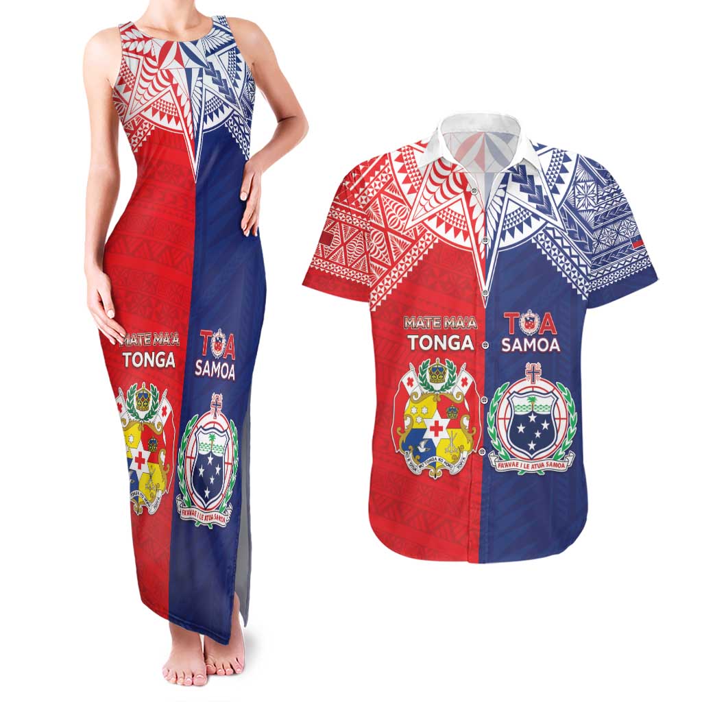 Custom Rugby Samoa And Tonga Couples Matching Tank Maxi Dress and Hawaiian Shirt Toa Samoa With Mate Maa - Polynesian Pride