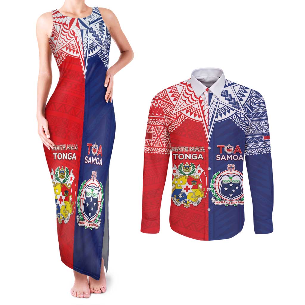 Custom Rugby Samoa And Tonga Couples Matching Tank Maxi Dress and Long Sleeve Button Shirt Toa Samoa With Mate Maa - Polynesian Pride