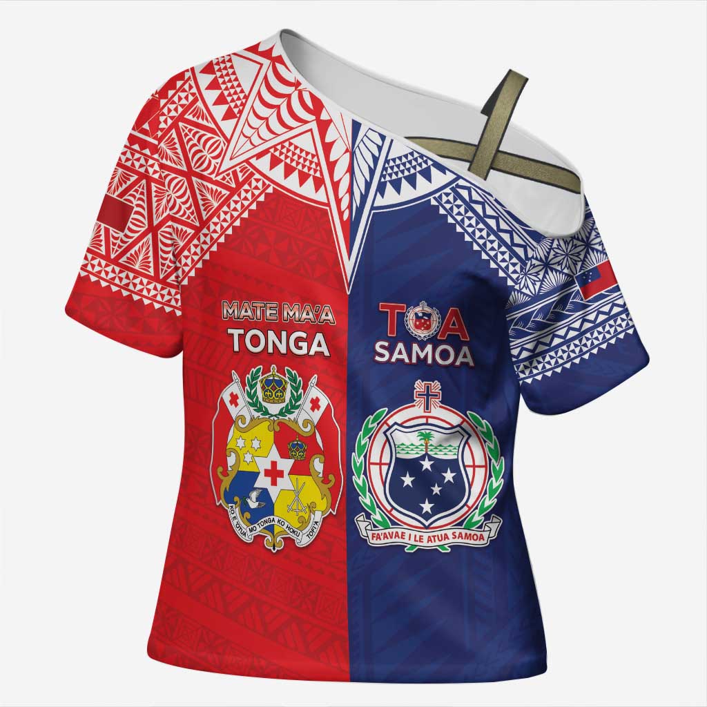 Custom Rugby Samoa And Tonga Cross Shoulder Shirt Toa Samoa With Mate Maa - Polynesian Pride