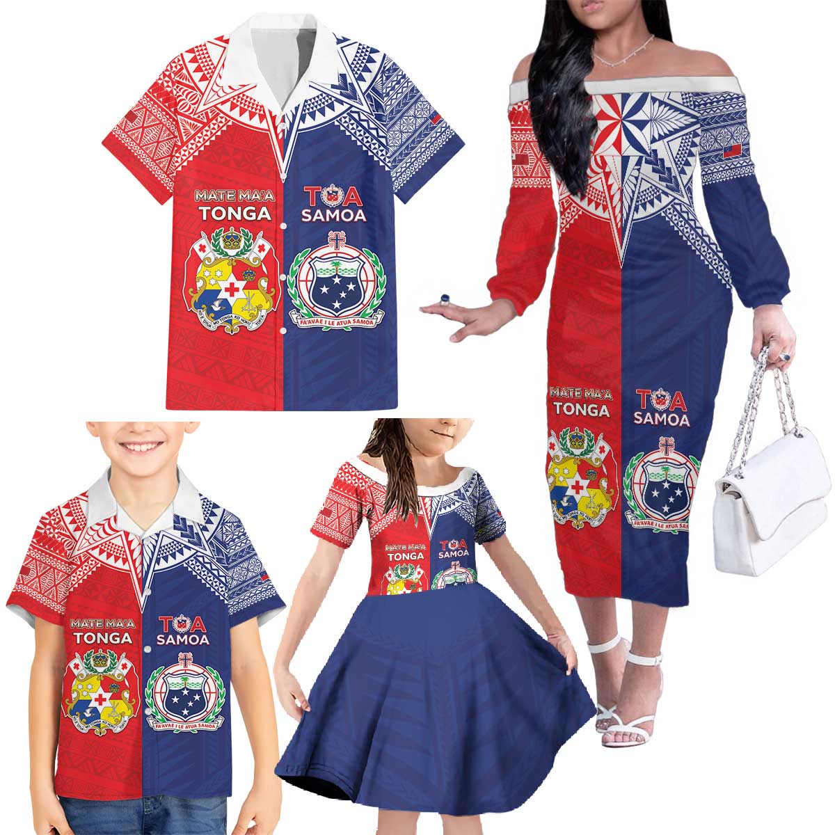 Custom Rugby Samoa And Tonga Family Matching Off The Shoulder Long Sleeve Dress and Hawaiian Shirt Toa Samoa With Mate Maa - Polynesian Pride
