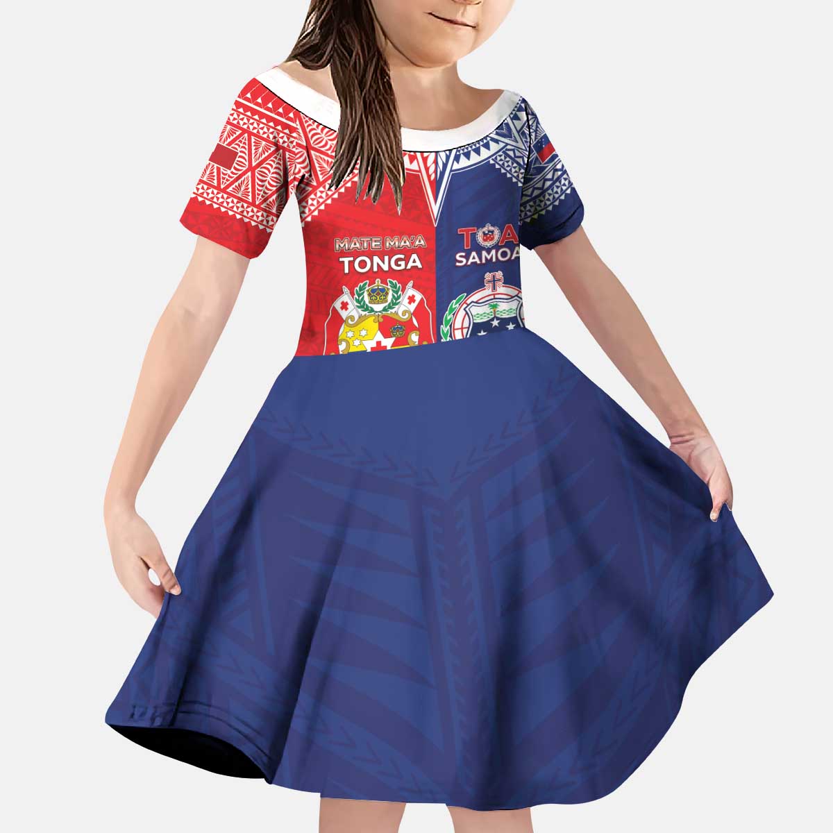 Custom Rugby Samoa And Tonga Kid Short Sleeve Dress Toa Samoa With Mate Maa - Polynesian Pride