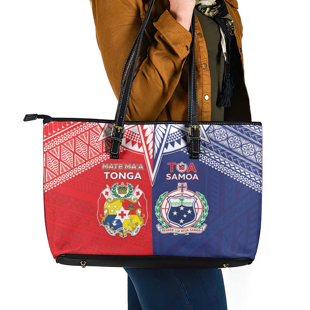 Rugby Samoa And Tonga Leather Tote Bag Toa Samoa With Mate Maa - Polynesian Pride