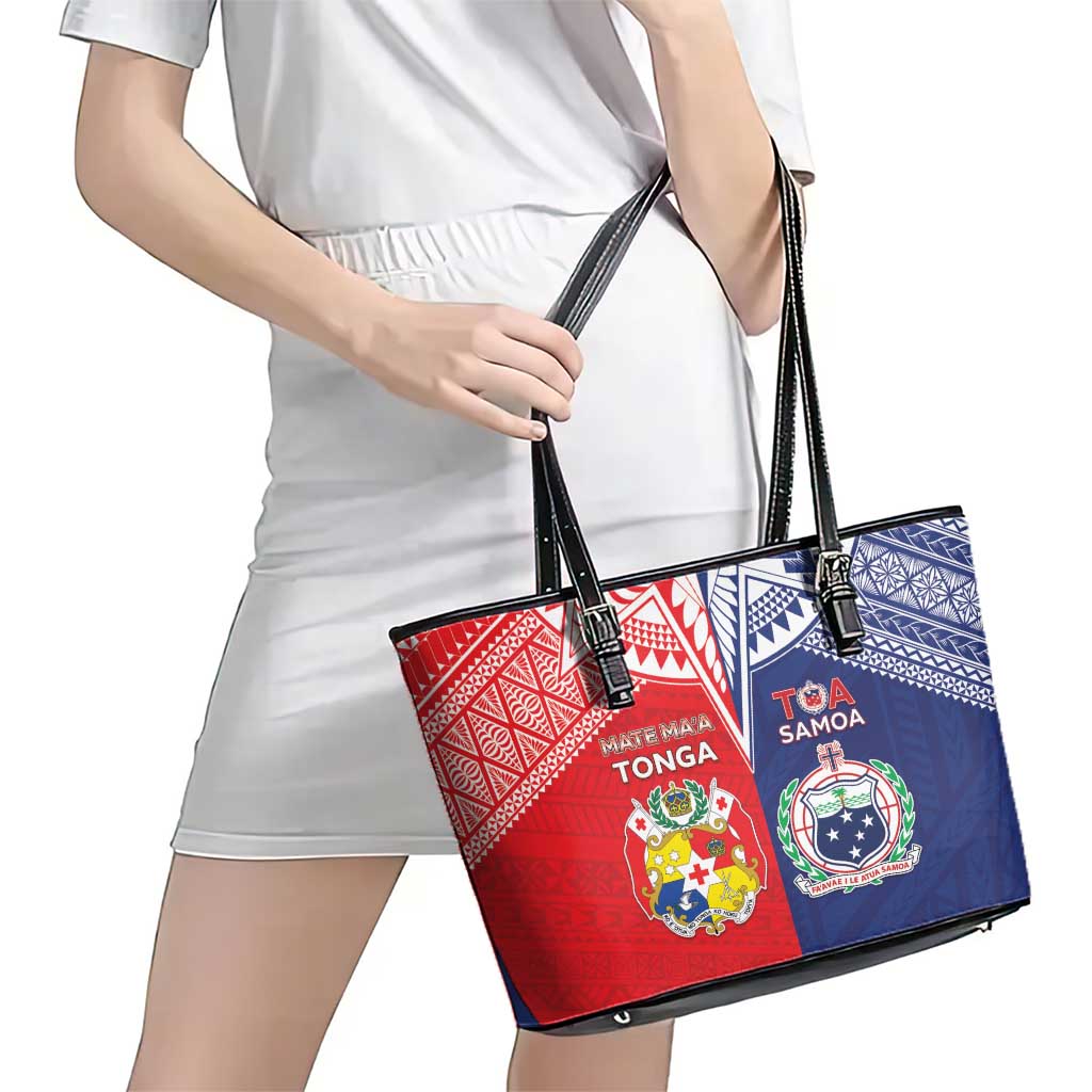 Rugby Samoa And Tonga Leather Tote Bag Toa Samoa With Mate Maa - Polynesian Pride