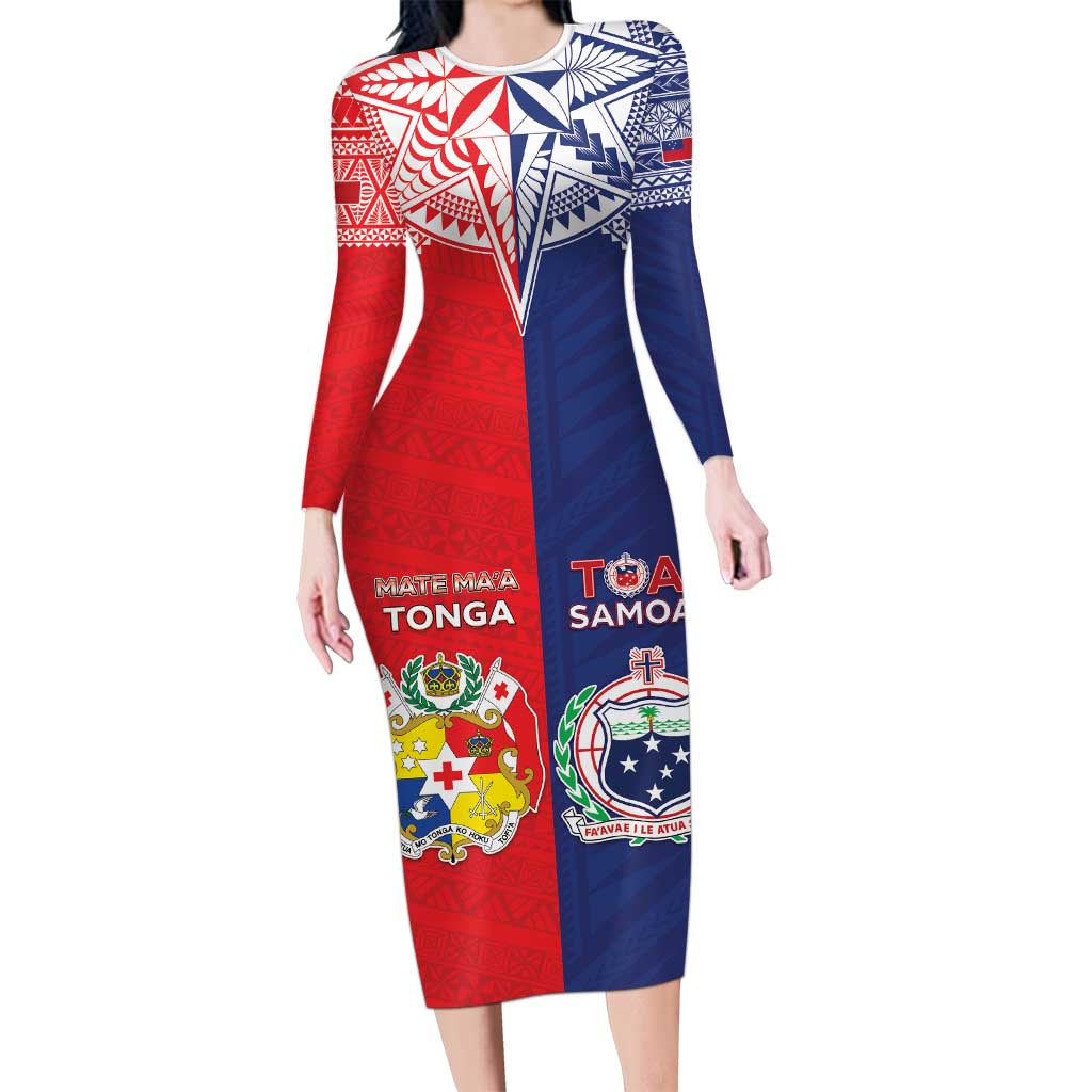 Custom Rugby Samoa And Tonga Long Sleeve Bodycon Dress Toa Samoa With Mate Maa - Polynesian Pride