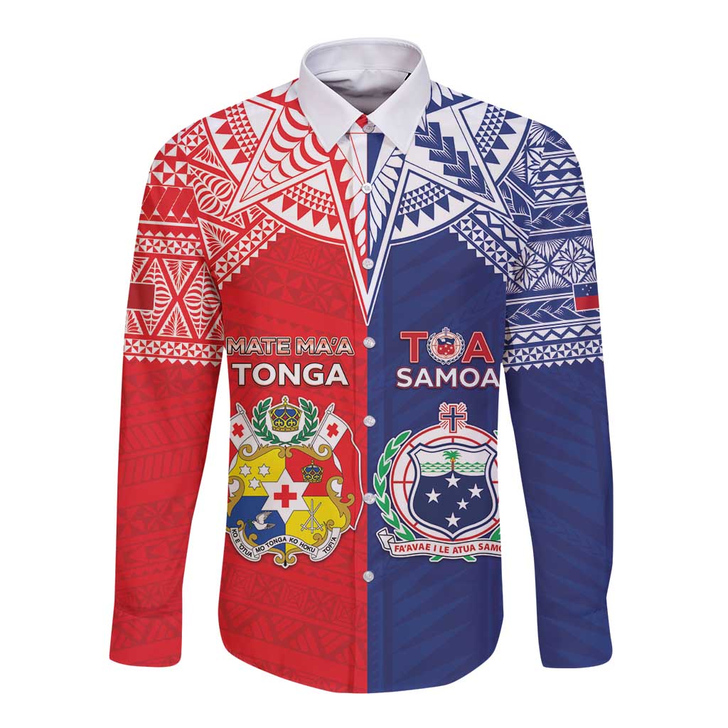 Custom Rugby Samoa And Tonga Long Sleeve Button Shirt Toa Samoa With Mate Maa - Polynesian Pride
