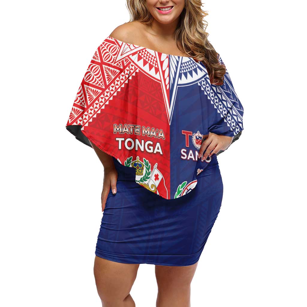 Custom Rugby Samoa And Tonga Off Shoulder Short Dress Toa Samoa With Mate Maa - Polynesian Pride