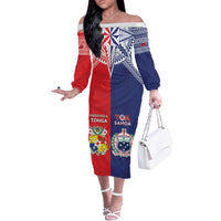 Custom Rugby Samoa And Tonga Off The Shoulder Long Sleeve Dress Toa Samoa With Mate Maa - Polynesian Pride