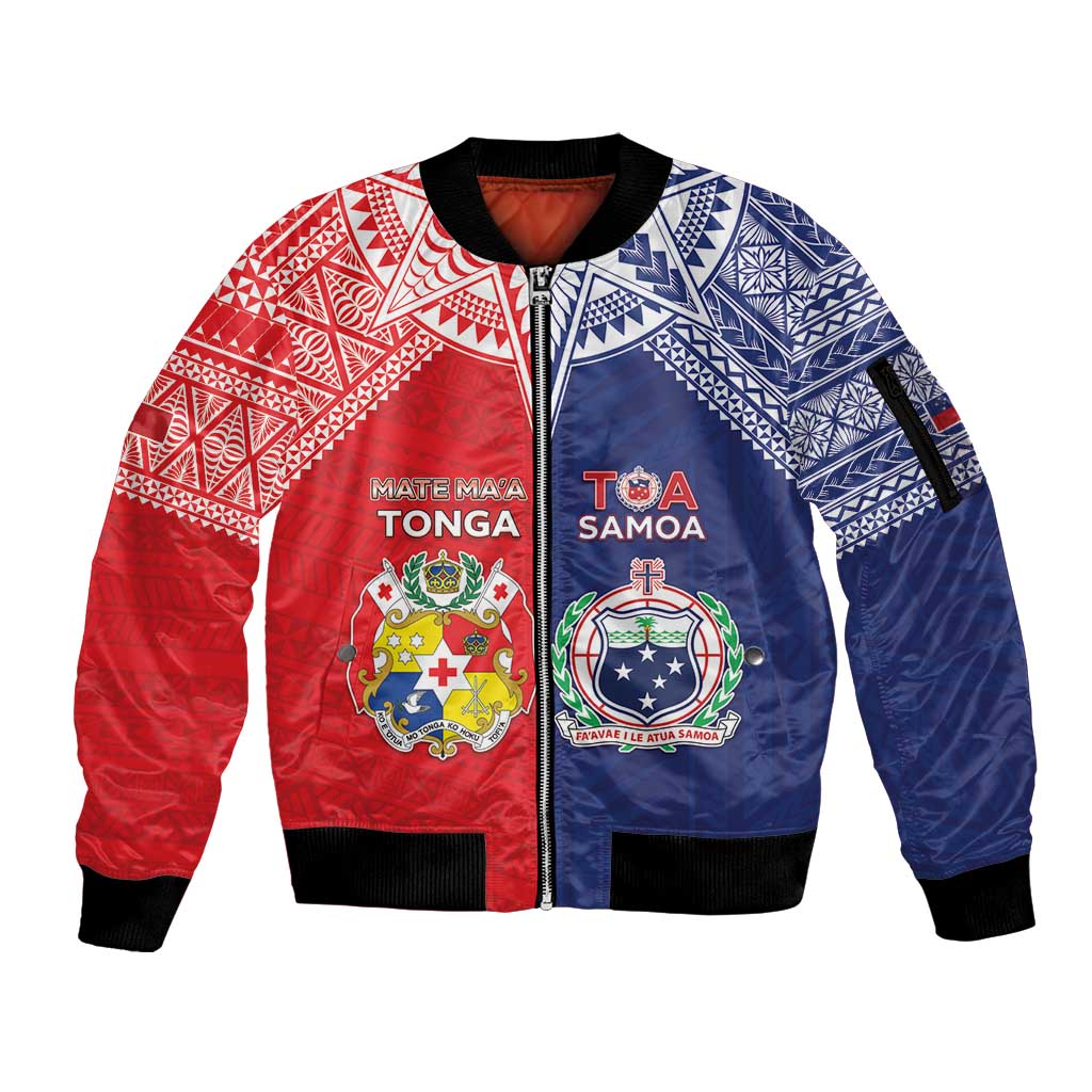 Custom Rugby Samoa And Tonga Sleeve Zip Bomber Jacket Toa Samoa With Mate Maa - Polynesian Pride