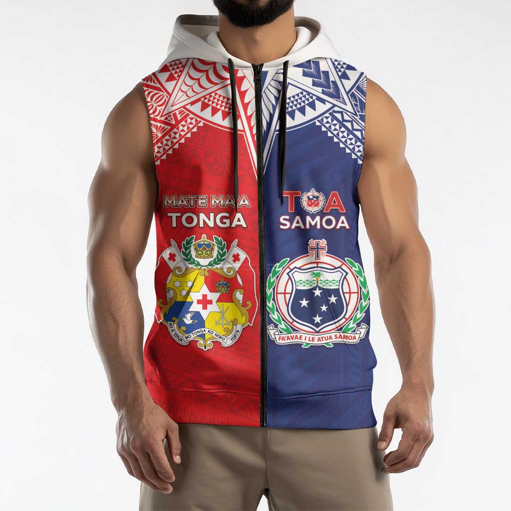Custom Rugby Samoa And Tonga Sleeveless Zip Hoodie Toa Samoa With Mate Maa - Polynesian Pride