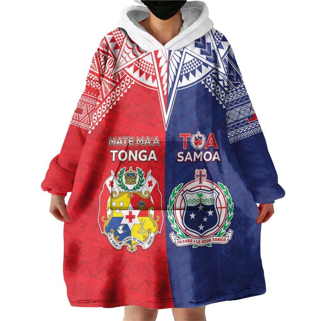 Custom Rugby Samoa And Tonga Wearable Blanket Hoodie Toa Samoa With Mate Maa - Polynesian Pride