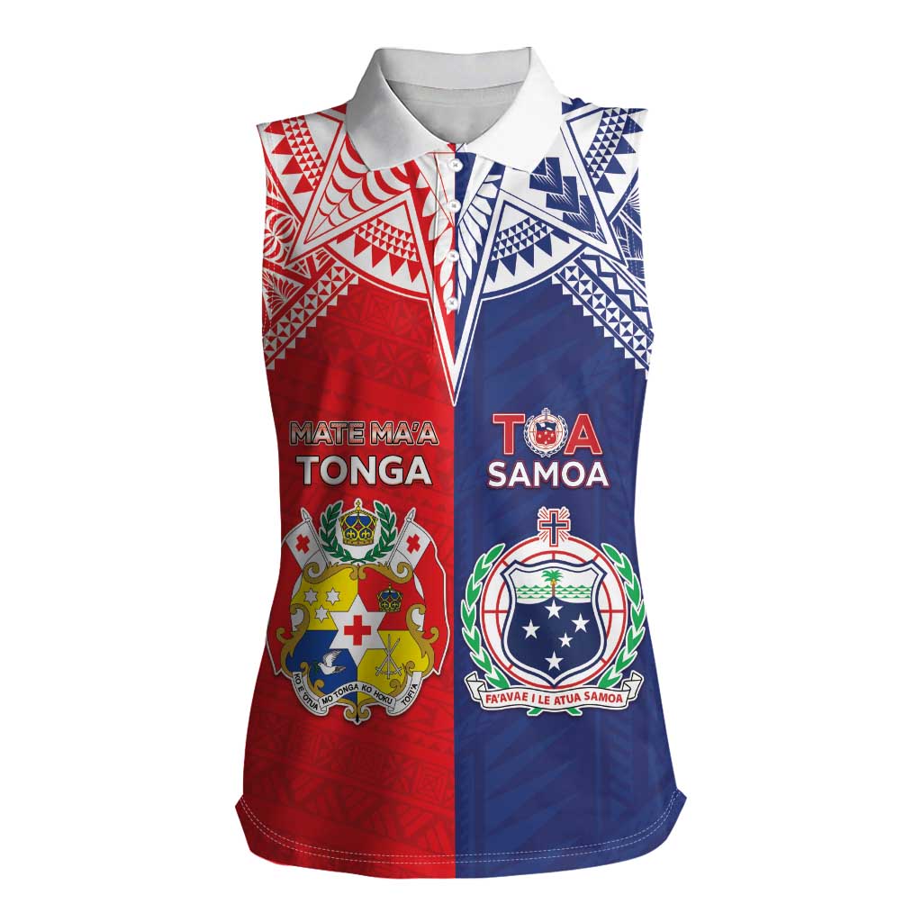 Custom Rugby Samoa And Tonga Women Sleeveless Polo Shirt Toa Samoa With Mate Maa - Polynesian Pride