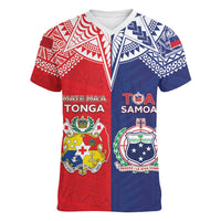 Custom Rugby Samoa And Tonga Women V-Neck T-Shirt Toa Samoa With Mate Maa - Polynesian Pride