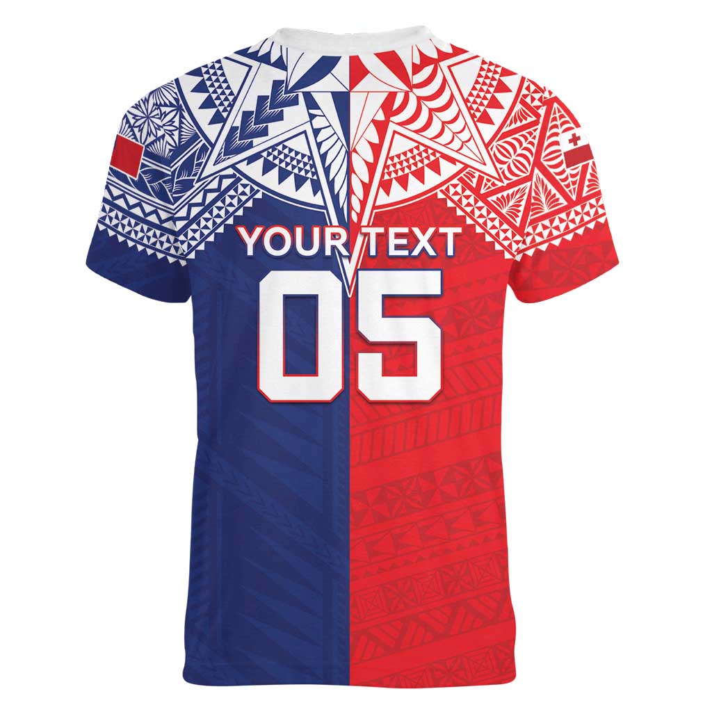 Custom Rugby Samoa And Tonga Women V-Neck T-Shirt Toa Samoa With Mate Maa - Polynesian Pride