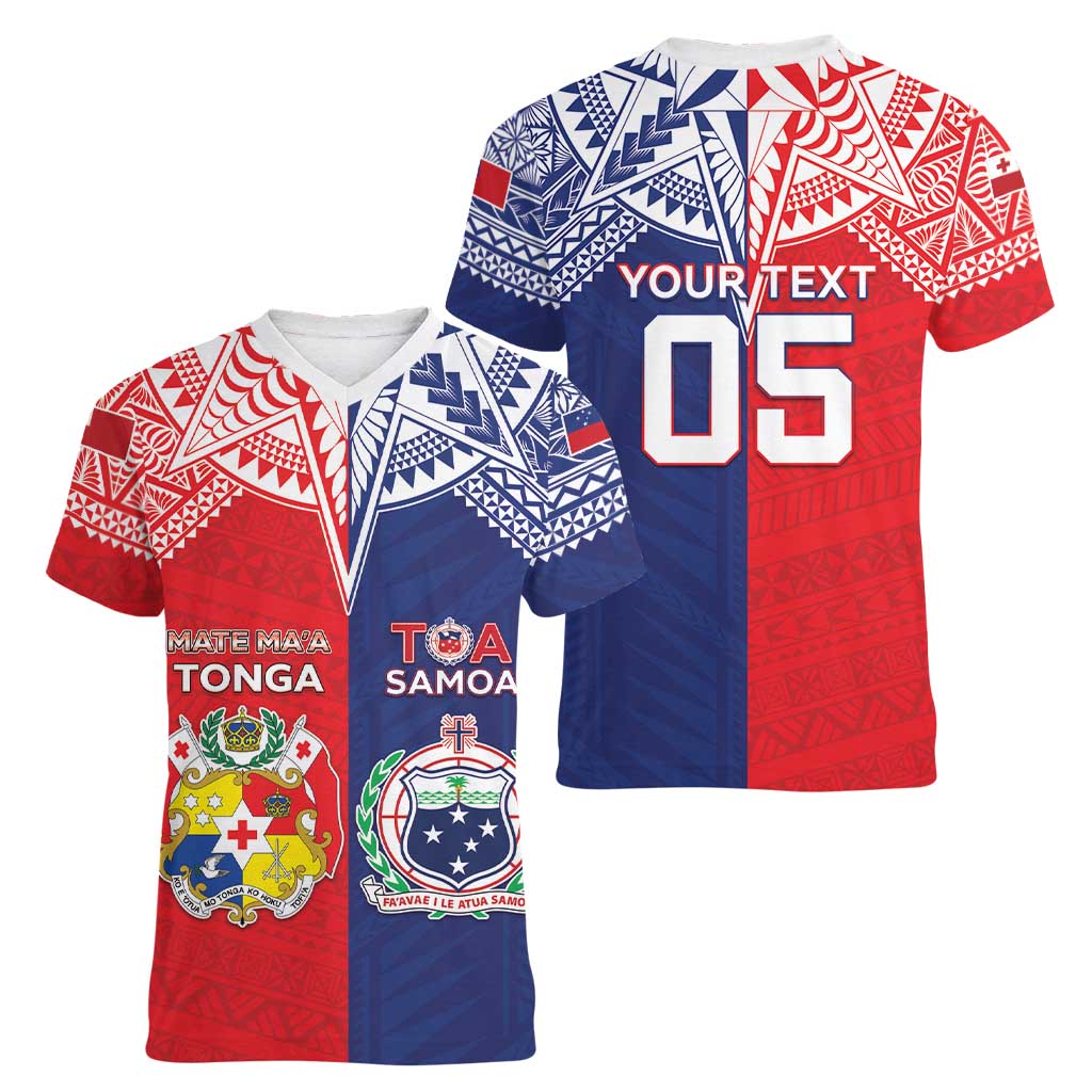 Custom Rugby Samoa And Tonga Women V-Neck T-Shirt Toa Samoa With Mate Maa - Polynesian Pride