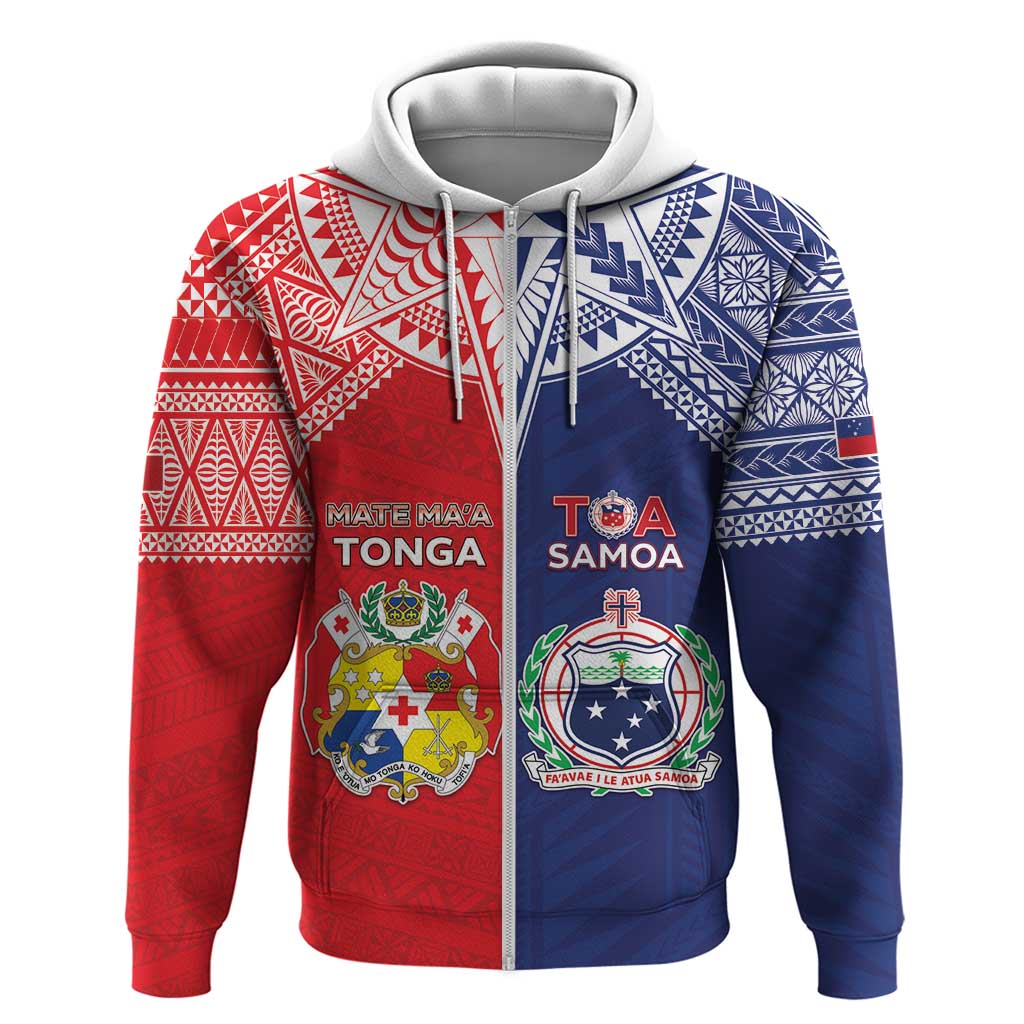 Custom Rugby Samoa And Tonga Zip Hoodie Toa Samoa With Mate Maa - Polynesian Pride