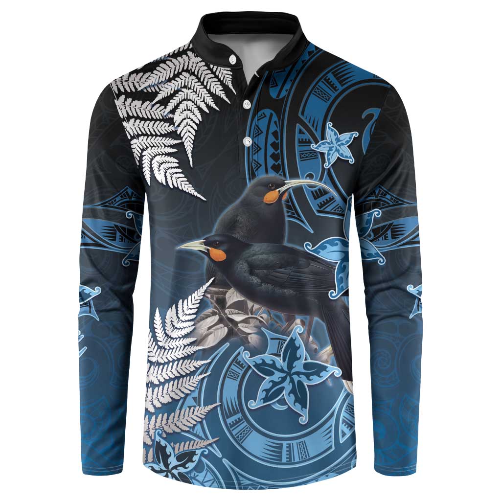 New Zealand Huia Bird Button Sweatshirt Aotearoa Maori Pattern LT05 Navy - Polynesian Pride