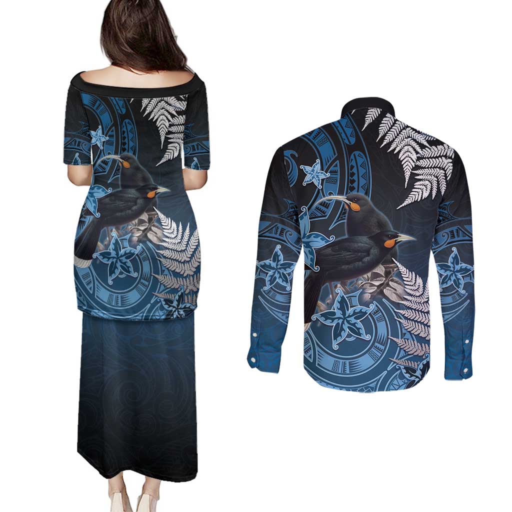 New Zealand Huia Bird Couples Matching Puletasi and Long Sleeve Button Shirt Aotearoa Maori Pattern LT05 - Polynesian Pride