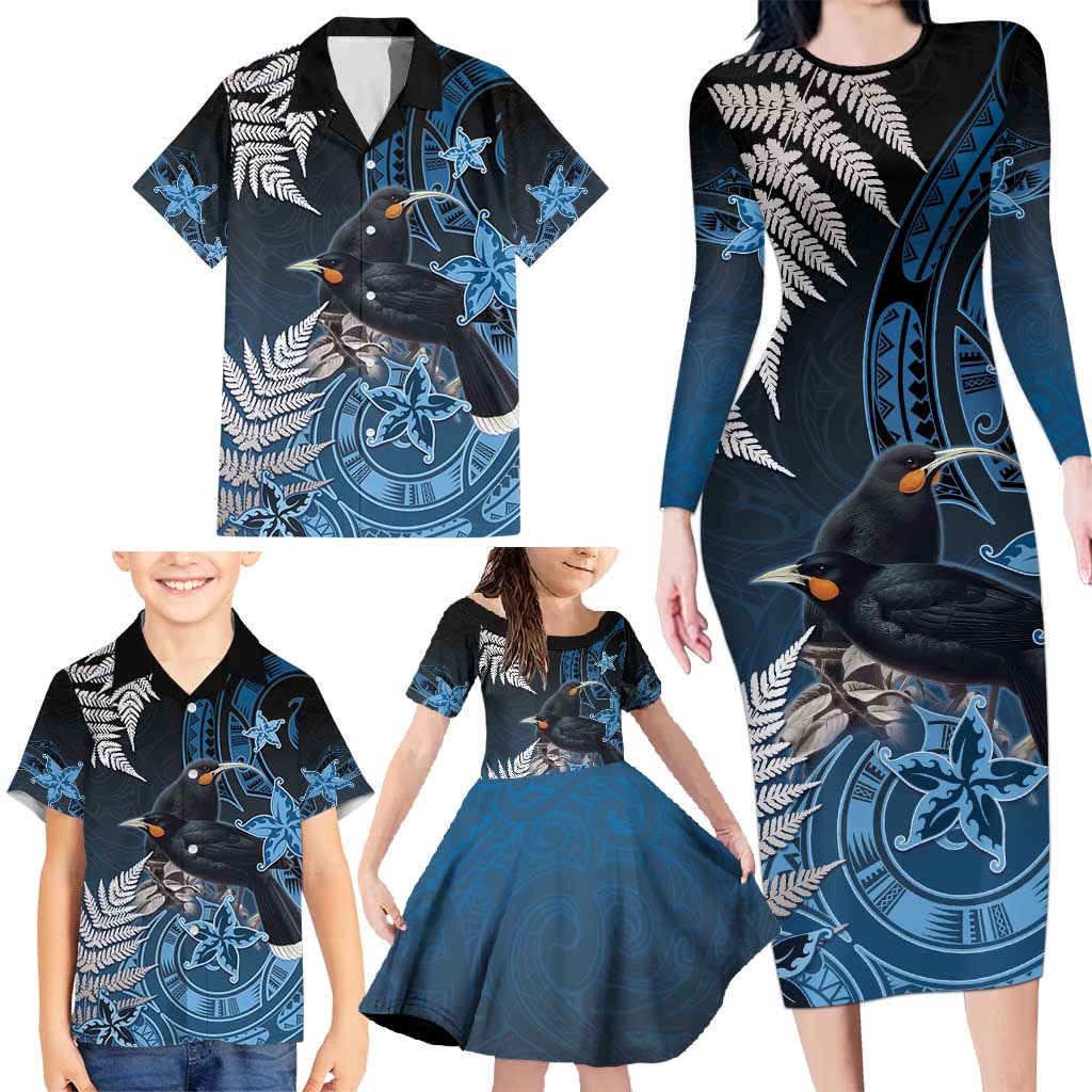 New Zealand Huia Bird Family Matching Long Sleeve Bodycon Dress and Hawaiian Shirt Aotearoa Maori Pattern