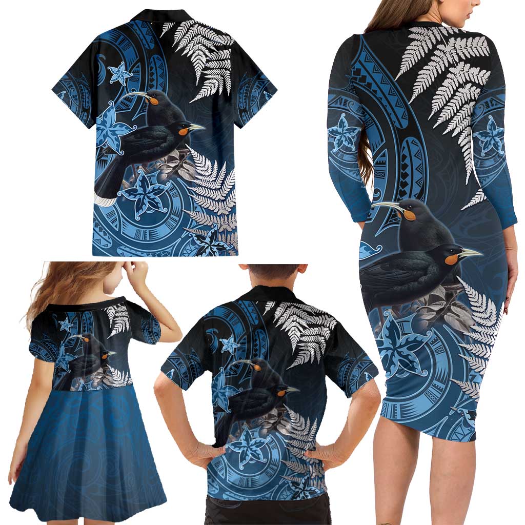 New Zealand Huia Bird Family Matching Long Sleeve Bodycon Dress and Hawaiian Shirt Aotearoa Maori Pattern