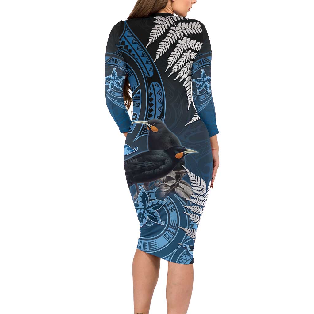 New Zealand Huia Bird Family Matching Long Sleeve Bodycon Dress and Hawaiian Shirt Aotearoa Maori Pattern